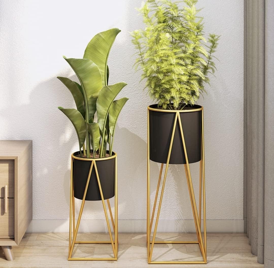 gold metal planter stands with modern black pots – set of 2