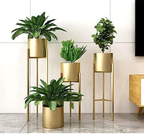 set of 4 metal planter stands with pots