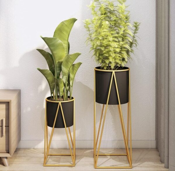 gold metal planter stands with modern black pots – set of 2