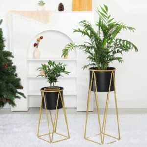 gold metal planter stands with modern black pots – set of 2